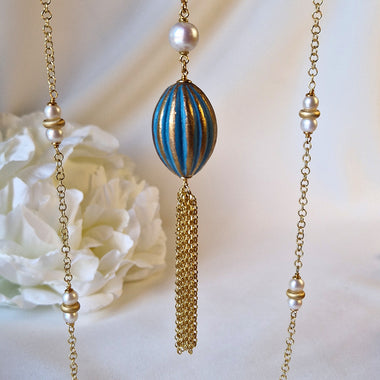 Collana lunga con perle e ceramica dipinta oro 24k