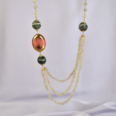 Collana multifilo con ceramica dipinta oro 24k, prehnite e diaspro