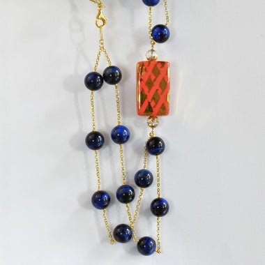 Collana con ceramica dipinta oro 24k, cristallo di rocca e occhio di tigre