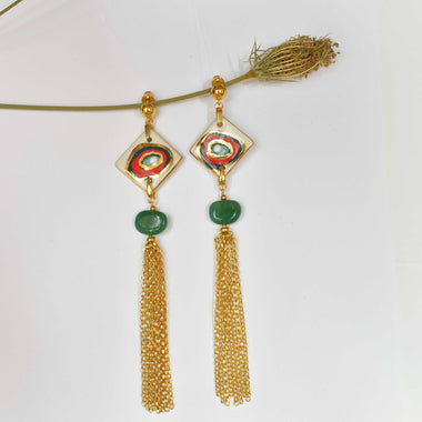 Orecchini pendenti donna in ceramica dipinta oro 24k e avventurina