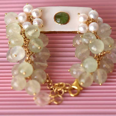Bracciale con perle tormalina, prehnite e ceramica dipinta oro 24k