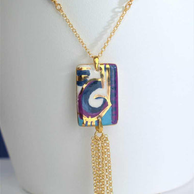 Collana di tanzanite e ceramica dipinta a mano oro puro terzo fuoco