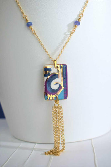 Collana di tanzanite e ceramica dipinta a mano oro puro terzo fuoco