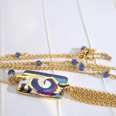 Collana di tanzanite e ceramica dipinta a mano oro puro terzo fuoco
