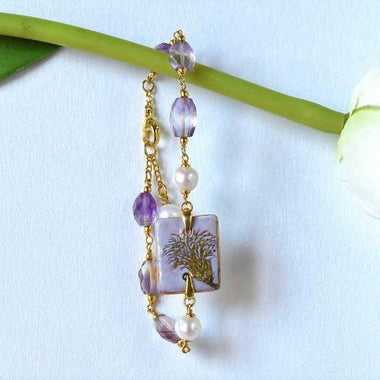 Bracciale con ametrina, perle e ceramica dipinta a mano oro puro