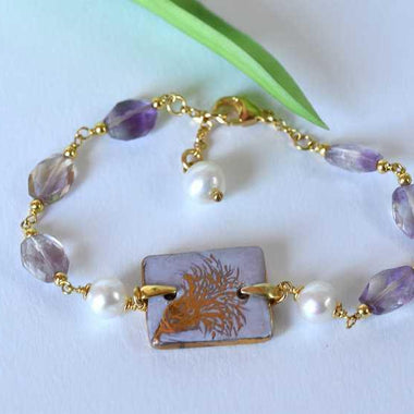 Bracciale con ametrina, perle e ceramica dipinta a mano oro puro