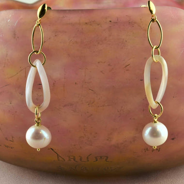 Orecchini pendenti in argento 925 placcato oro 18k con perle naturali di acqua dolce e agata
