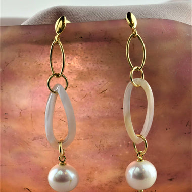 Orecchini pendenti in argento 925 placcato oro 18k con perle naturali di acqua dolce e agata