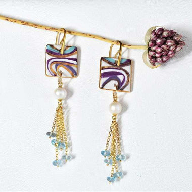 Orecchini pendenti con topazio, perle e ceramica dipinta a mano oro 24k