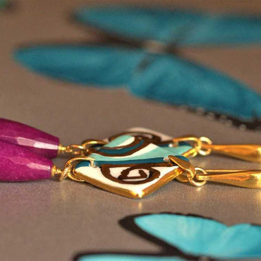 Orecchini pendenti in ceramica dipinta oro 24k e agata