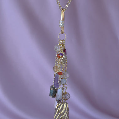 Collana con pendente staccabile, giada, ametista, pietra di luna, perla e cristallo di rocca