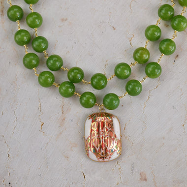 Collana con ceramica dipinta oro 24k e giada