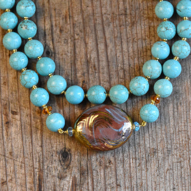 Girocollo con ceramica dipinta oro 24k, quarzo citrino, topazio e Howlite turchese