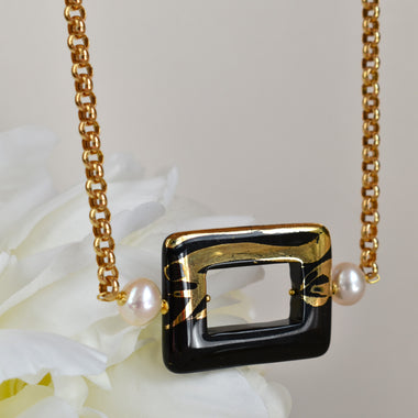 Girocollo in argento 925 placcato oro 18k, onice dipinto oro 24 e perle