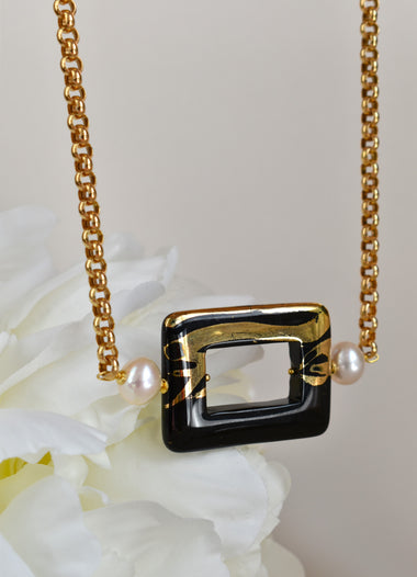 Girocollo in argento 925 placcato oro 18k, onice dipinto oro 24 e perle