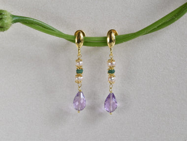 Orecchini pendenti in argento 925 con smeraldo, ametista e perle