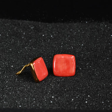 Orecchini bottone a clip con ceramica dipinta oro 24k