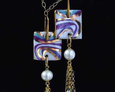 Orecchini in argento con topazio, perle e ceramica dipinta a mano oro 24k