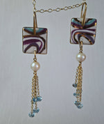 Orecchini in argento con topazio, perle e ceramica dipinta a mano oro 24k