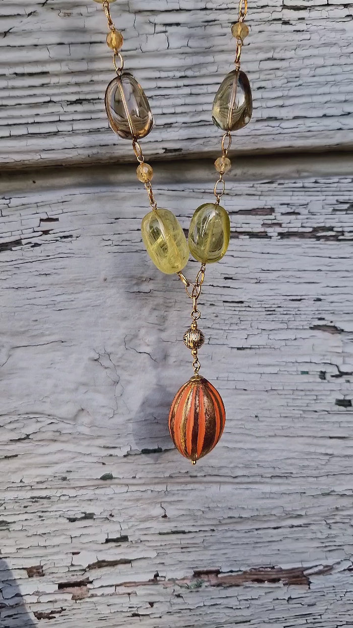 Collana in argento 925, quarzo citrino e ceramica dipinta oro 24k