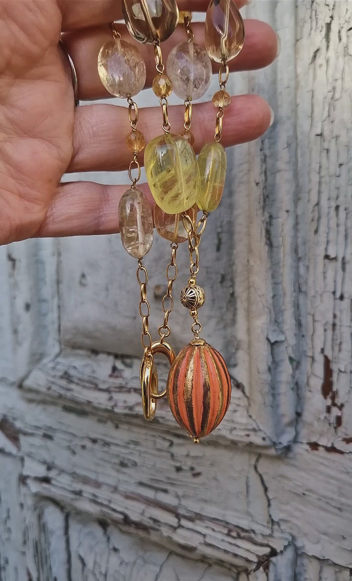 Collana in argento 925, quarzo citrino e ceramica dipinta oro 24k