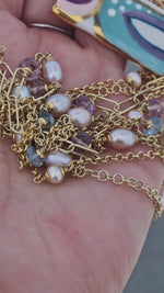 Collana lunga con perle, topazio, ametista e ceramica dipinta oro 24k