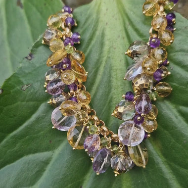 Collana con topazio, peridoto, ametista, quarzo e cristallo di rocca