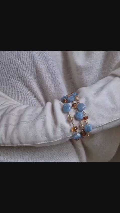 Bracciale multifilo con acquamarina e quarzo citrino