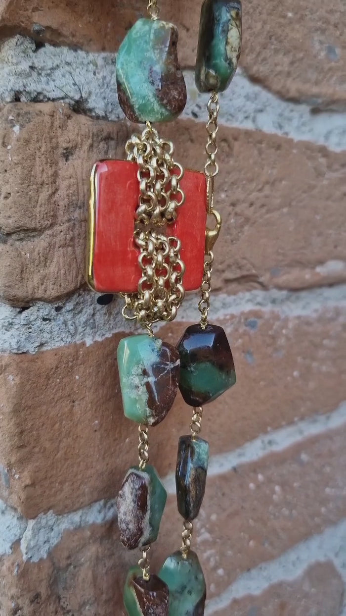 Collana donna con crisoprasio e ceramica dipinta a mano con oro 24k