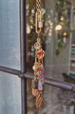 Collana con pendente staccabile, giada, ametista, pietra di luna, perla e cristallo di rocca
