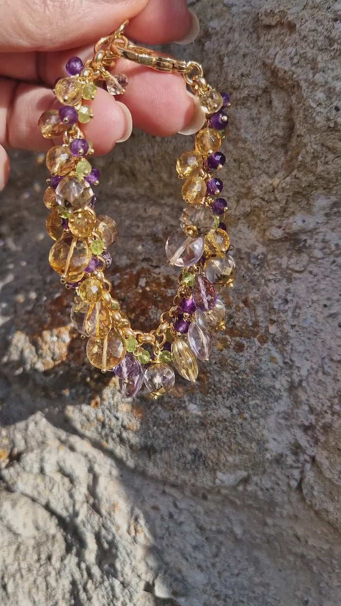 Bracciale multifilo con ametista,quarzo e cristallo di rocca dipinto oro 24k