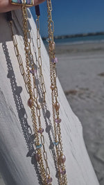 Collana lunga con perle, topazio, ametista e ceramica dipinta oro 24k