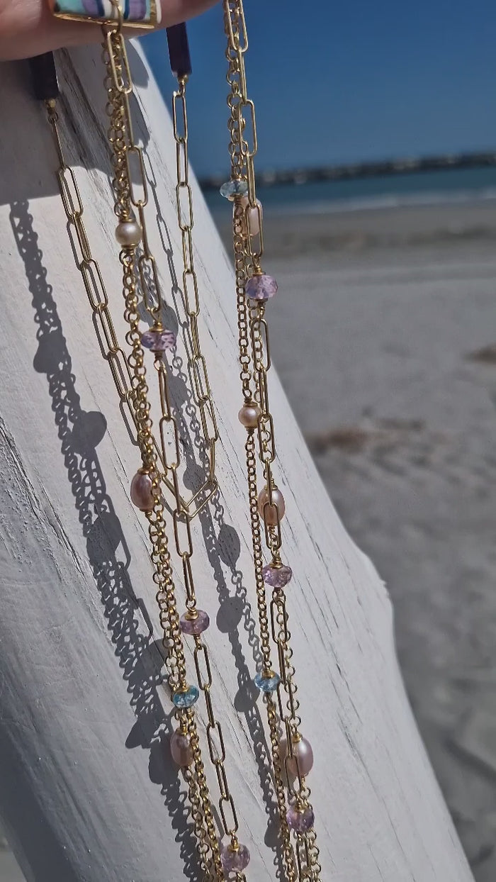 Collana lunga con perle, topazio, ametista e ceramica dipinta oro 24k