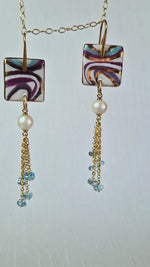 Orecchini in argento con topazio, perle e ceramica dipinta a mano oro 24k