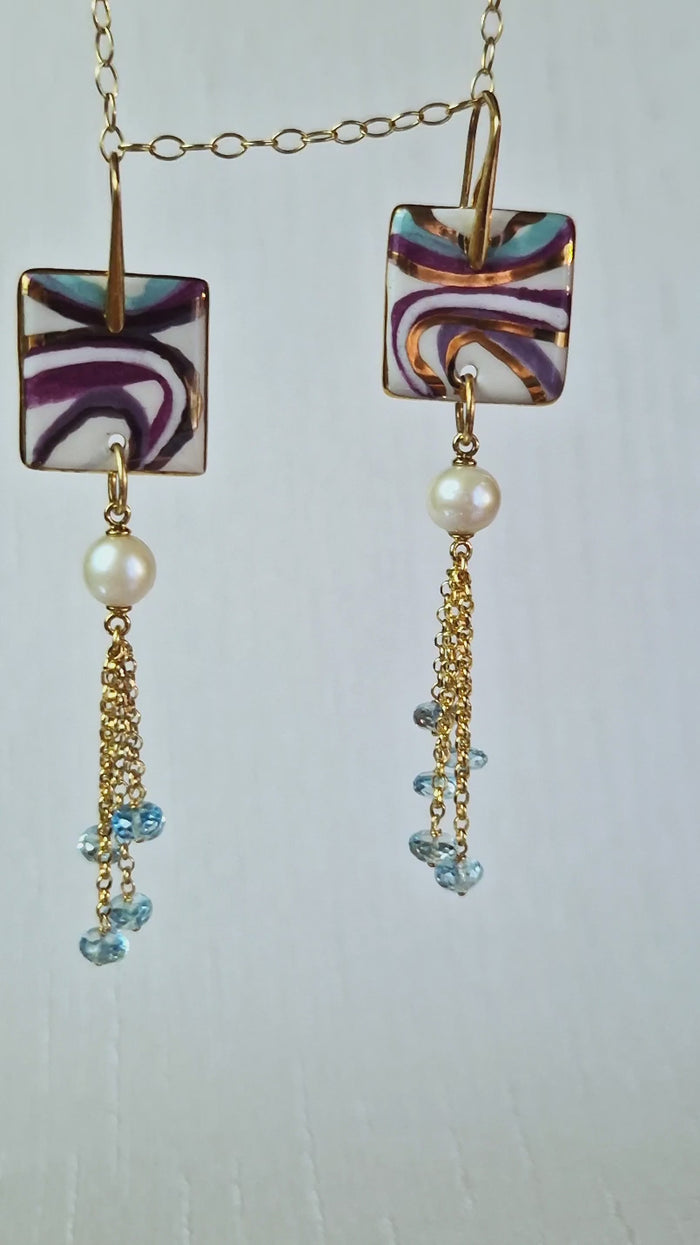 Orecchini in argento con topazio, perle e ceramica dipinta a mano oro 24k