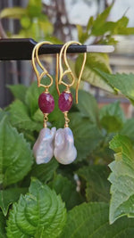 Women's baroque pearl and ruby ​​stud earrings