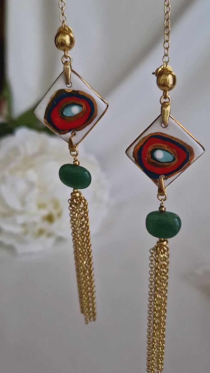 Orecchini pendenti con ceramica dipinta oro 24k e avventurina