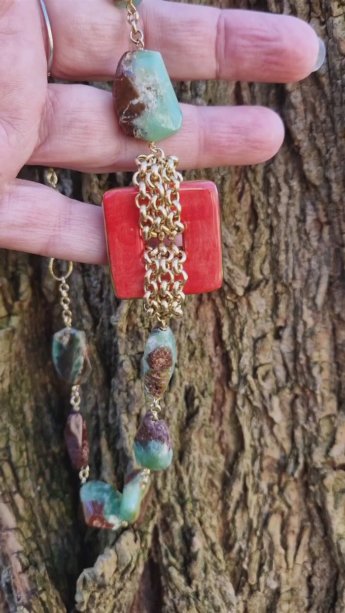 Collana donna con crisoprasio e ceramica dipinta a mano con oro 24k