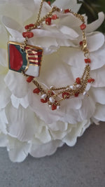 Bracciale con corallo, perle e ceramica dipinta a mano oro 24k