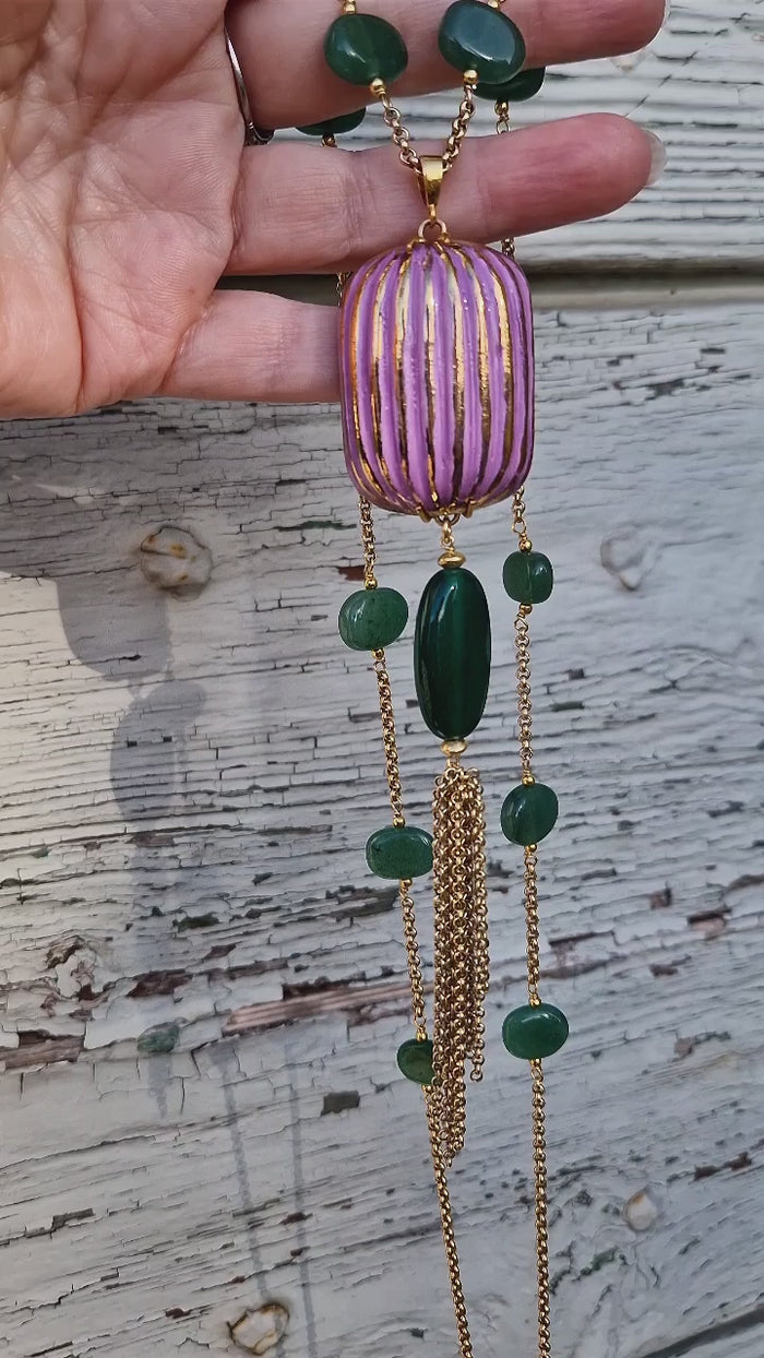 Collana lunga con avventurina e ceramica dipinta a mano oro puro 24k