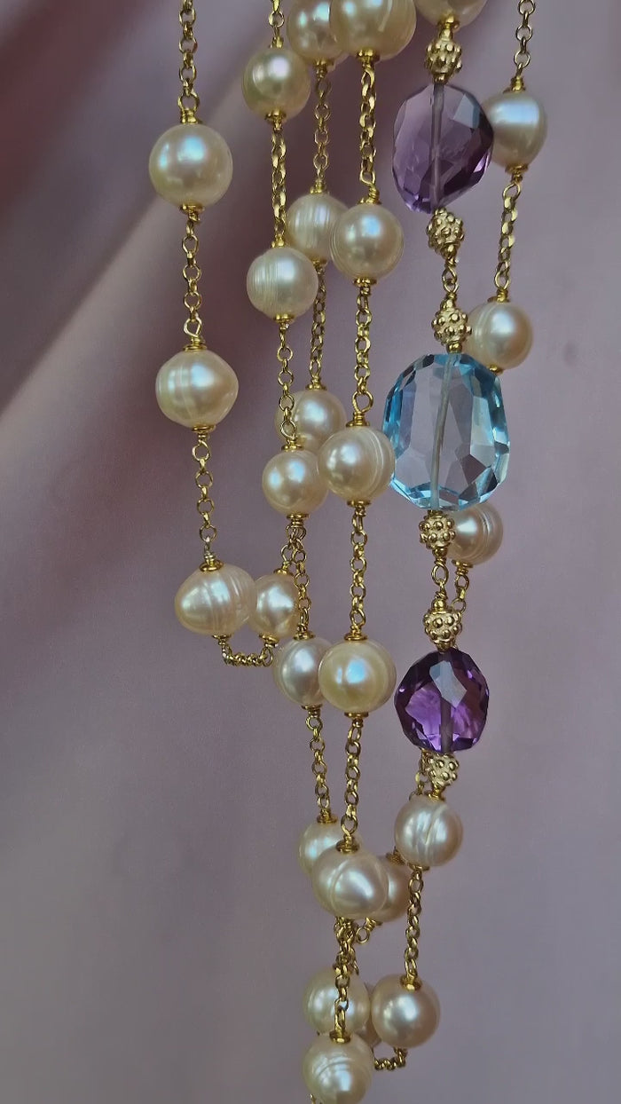 Collana lunga con perle barocche, topazio e ametista