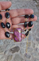 Collana in argento 925 con pendente in ceramica dipinta con oro 24k, ametista e onice