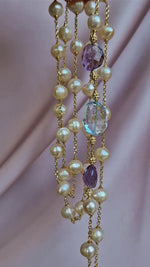 Collana lunga con perle barocche, topazio e ametista
