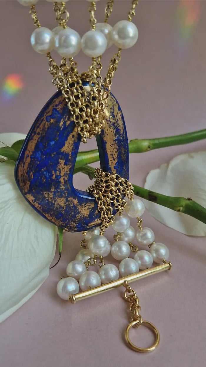 Bracciale multifilo con perle e lapislazzuli dipinto con oro 24k