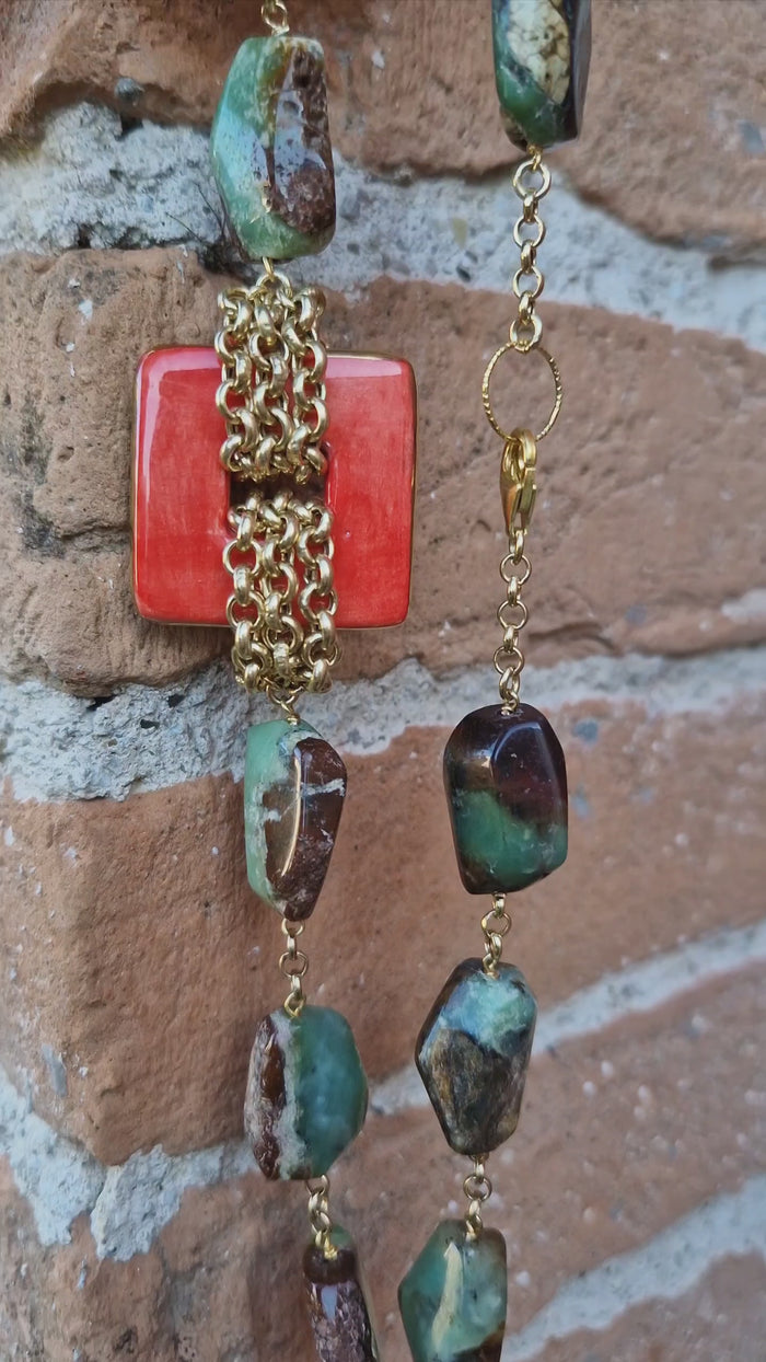 Collana donna con crisoprasio e ceramica dipinta a mano con oro 24k