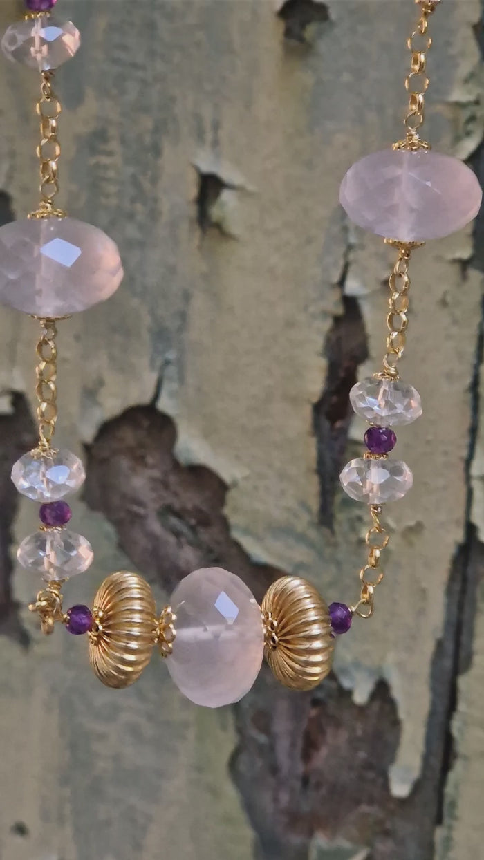 Collana in argento con quarzo rosa, ametista e cristallo di rocca