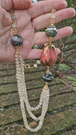 Collana multifilo con ceramica dipinta oro 24k, prehnite e diaspro