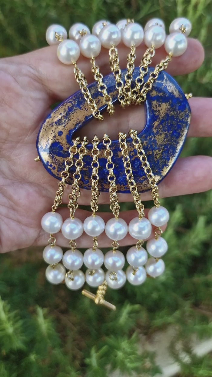 Bracciale multifilo con perle e lapislazzuli dipinto con oro 24k