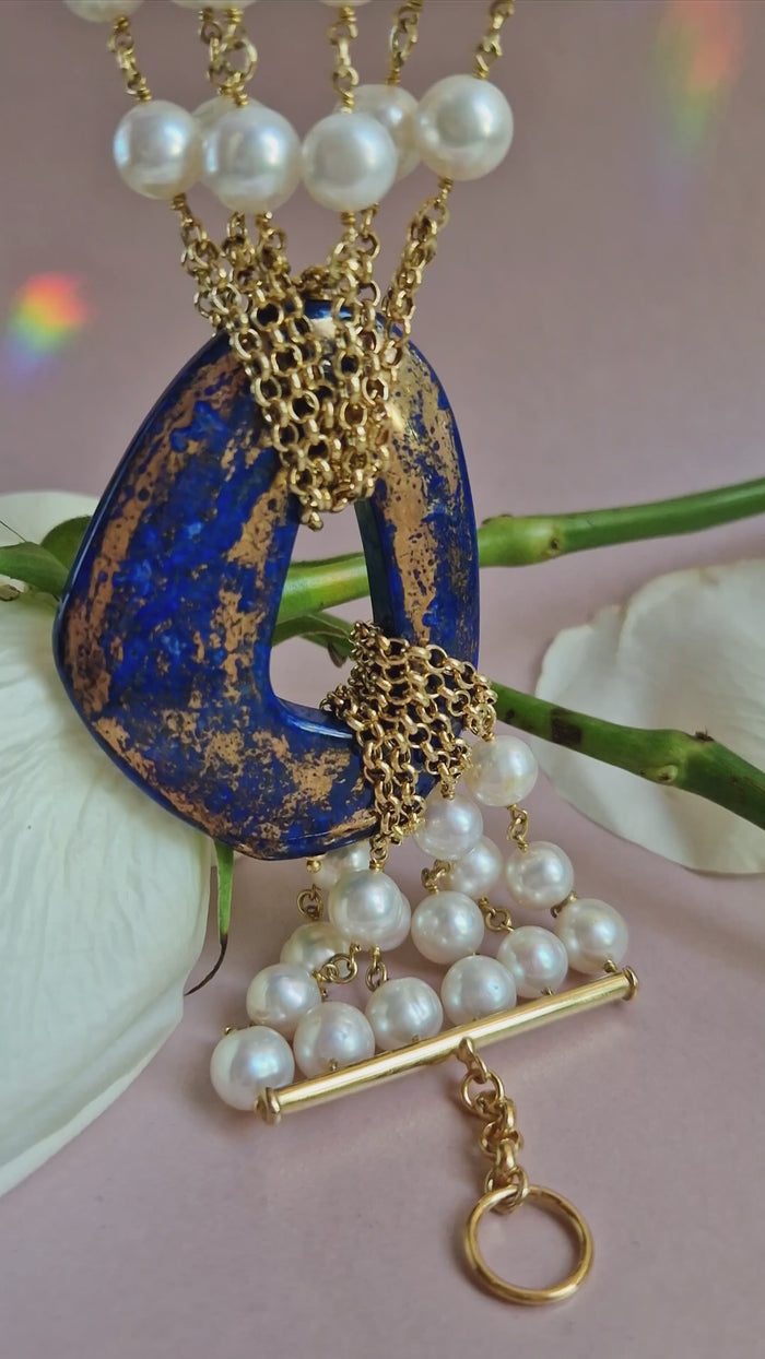 Bracciale donna multifilo con perle e lapislazzuli dipinto con oro 24k
