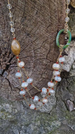 Collana multifilo con perle, prehnite, agata, calcite e corniola